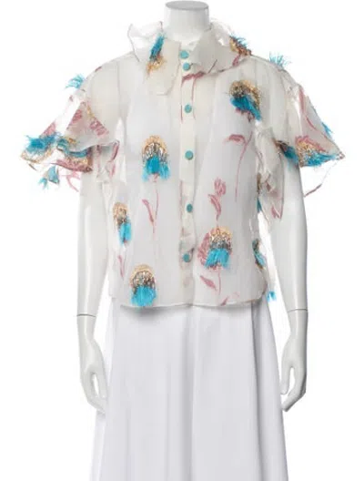 Pre-owned Edeline Lee Floral Print Short Sleeve Button-up Top In Blue/white