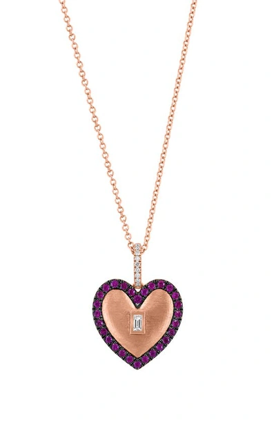 Effy 14k Rose Gold Diamond & Ruby Heart Pendant Necklace