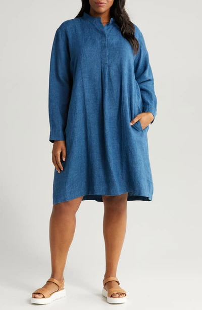 Eileen Fisher Band Collar Long Sleeve Organic Linen Shirtdress In Atlantis