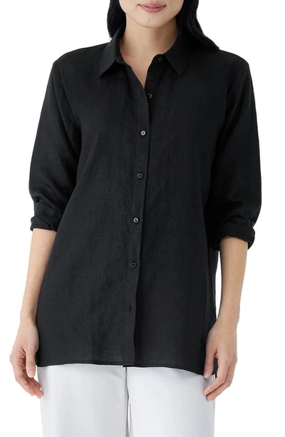 Eileen Fisher Classic Boxy Organic Linen Shirt In Black