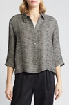Eileen Fisher Jacquard Organic Linen Blend Button-up Shirt In Black Natural