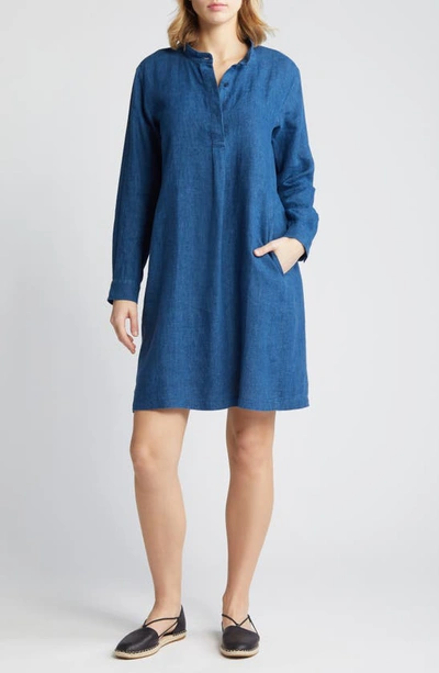 Eileen Fisher Long Sleeve Organic Linen Shift Dress In Atlantis