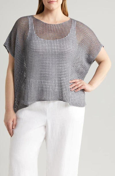 Eileen Fisher Open Stitch Short Sleeve Organic Linen Sweater In Steel