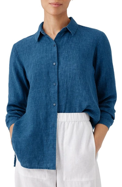 Eileen Fisher Organic Linen Long Sleeve Button-up Shirt In Blue