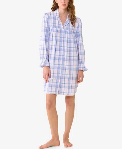 Eileen West Women's Weekend Plaid Notch Collar Long-sleeve Button-front Nightgown In Blue