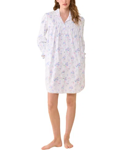 Eileen West Women's Weekend Plaid Notch Collar Long-sleeve Button-front Nightgown In White