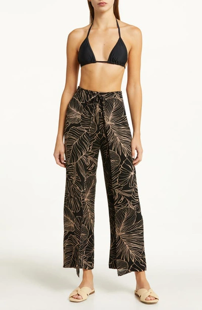 Elan Print Cover-up Wrap Pants In Black/ Natural Tropics