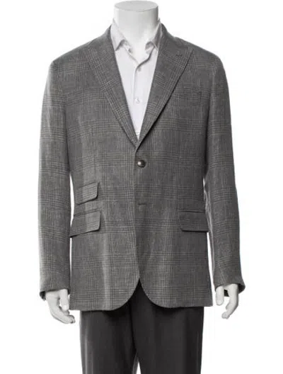 Pre-owned Eleventy Linen Plaid Print Blazer In Grey