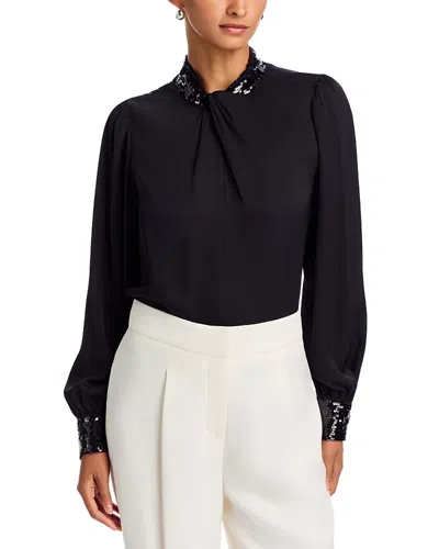 Elie Tahari Amira Silk Stretch Sequin Trim Shirt In Black