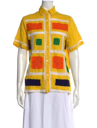 Pre-owned Eliou Linen Graphic Print Button-up Top In Yellow