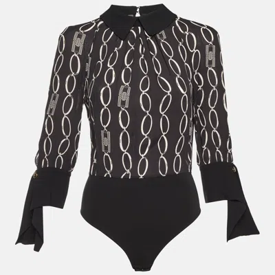Pre-owned Elisabetta Franchi Black Logo Chain Print Crepe Long Sleeve Bodysuit M