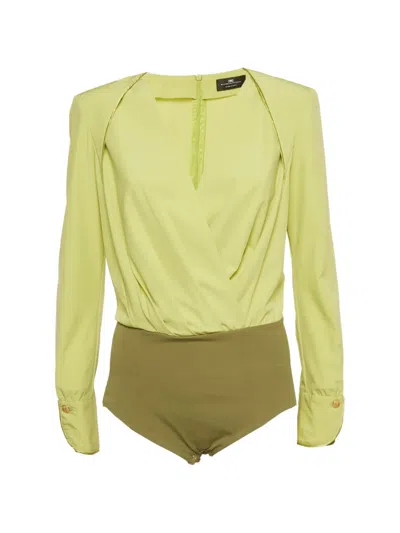 Pre-owned Elisabetta Franchi Draped Kemeja Bodysuit In Yellow
