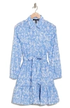 Ellen Tracy Long Sleeve Tie Waist Shirtdress In French Blue Damask