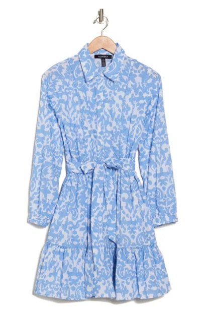 Ellen Tracy Long Sleeve Tie Waist Shirtdress In French Blue Damask