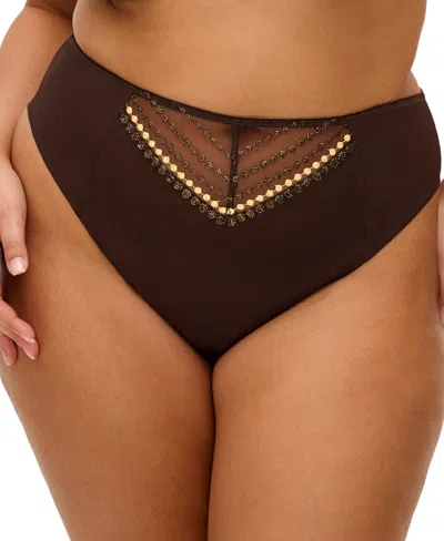 Elomi Plus Size Matilda High-waisted Embroidered Mesh Panty In Gold Rush