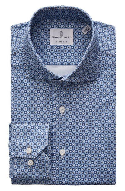 Emanuel Berg 4flex Slim Fit Medallion Print Knit Button-up Shirt In Dark Blue
