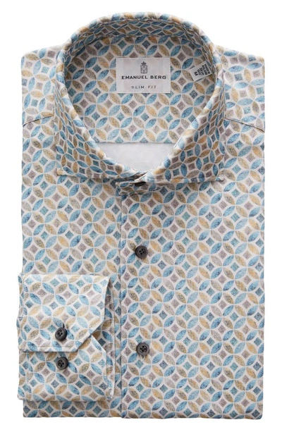 Emanuel Berg 4flex Slim Fit Medallion Print Knit Button-up Shirt In Turquoise