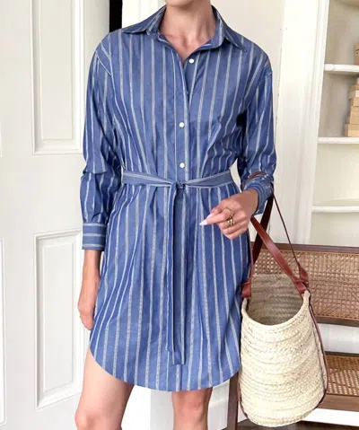 Emerson Fry Long Sleeve Shirt Mini Dress In Slate Blue Stripe