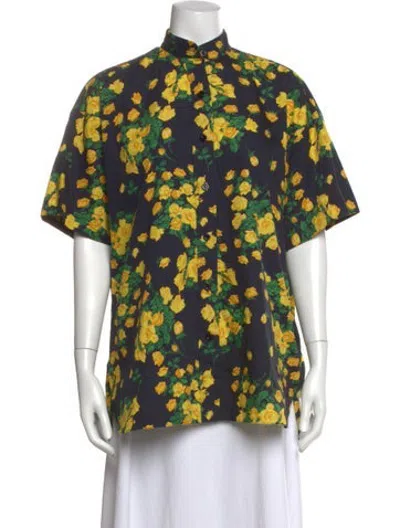 Pre-owned Emilia Wickstead Floral Print Short Sleeve Button-up Top In Blue