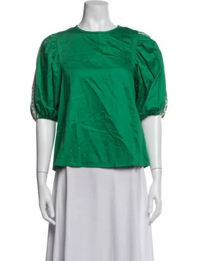 Pre-owned Emily Lovelock Crew Neck Short Sleeve Blouse W/ Tags In Blue/green
