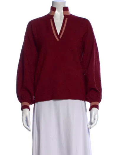 Pre-owned Emily Mccarthy Patterned V-neck Top In Burgundy