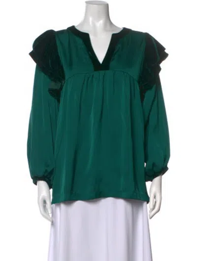 Pre-owned Emily Mccarthy V-neck Long Sleeve Blouse In Green