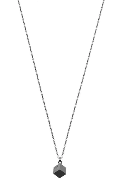 Emporio Armani Stainless Steel Gunmetal Cube Pendant Necklace In Black