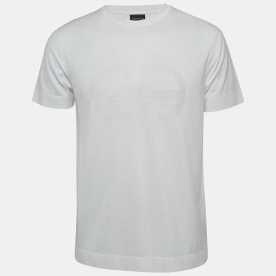 Pre-owned Emporio Armani White R-eacreate Logo Intarsia Cotton Crew Neck T-shirt L