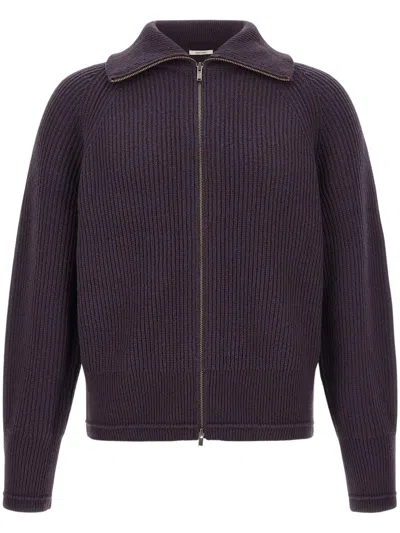Entire Studios Merino Wool Ribbed Knit Two-way Zip Spread Collar Raglan Long Sleeve Sweater In Brown