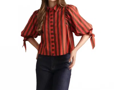 Entro Tie Sleeve Striped Button Up Blouse In Red In Multi