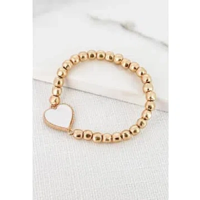 Envy Gold Bead Stretch Bracelet With White Heart
