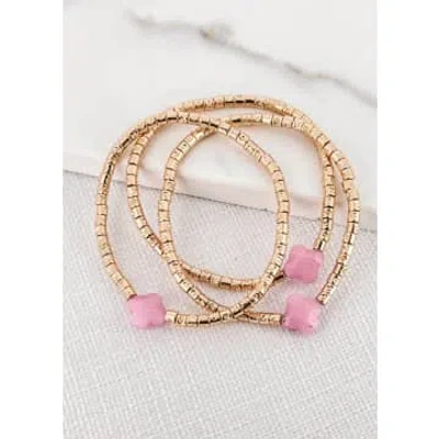 Envy Gold Triple Layer Bracelet With Semi Precious Pink Fleurs