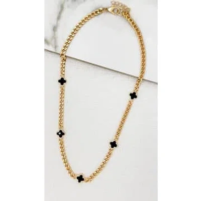 Envy Short Gold Curb Chain Necklace With 5 Black Fleurs