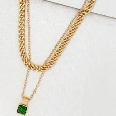 Envy Short Gold Double Layer Necklace With Green Square Pendant