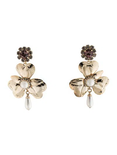 Pre-owned Erdem Faux Pearl & Crystal Flower Drop Earrings In Clear/purple/white