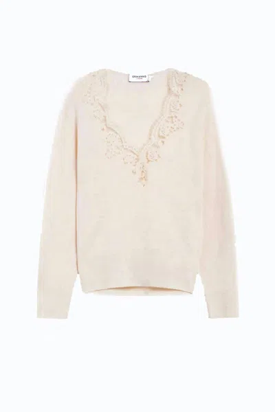 Ermanno Cream V-neck Ruffled Floral Wool Sweater In Multi