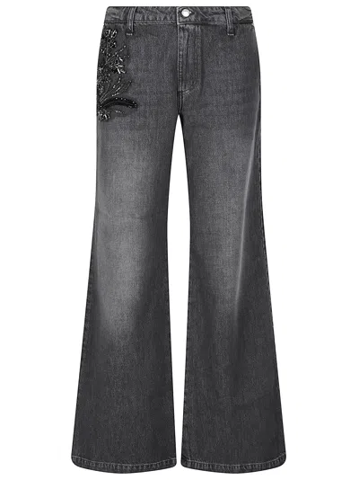 Ermanno Firenze Faded Black Beaded Wide-leg Jeans In Gray
