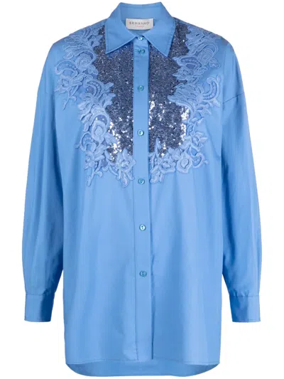 Ermanno Firenze Sequin-embellished Floral-lace Shirt In Blue