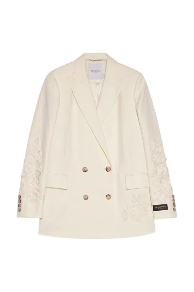 Ermanno White Wool-blend Notch-lapel Blazer In Beige