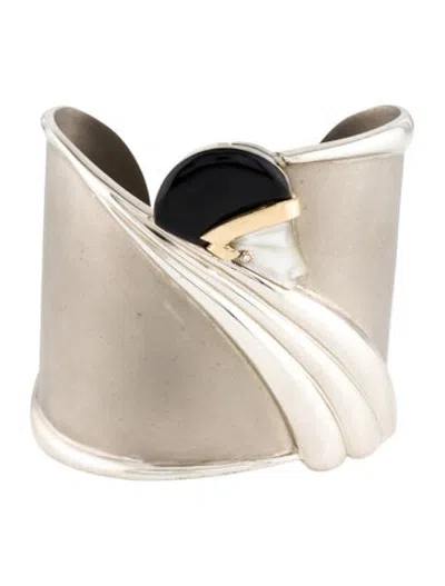 Pre-owned Erte Vintage Mother Of Pearl, Onyx & Diamond Tempest Cuff Bracelet, 6.5" In Multicolor