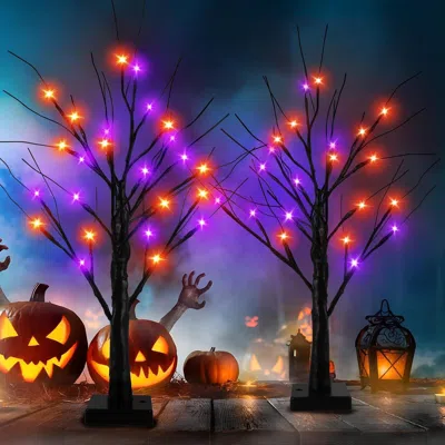 Eruule 2 Pack 24 Inch Halloween Decorations Indoor Lighted Tree, Black Halloween Spooky Trees With 48 Leds 
