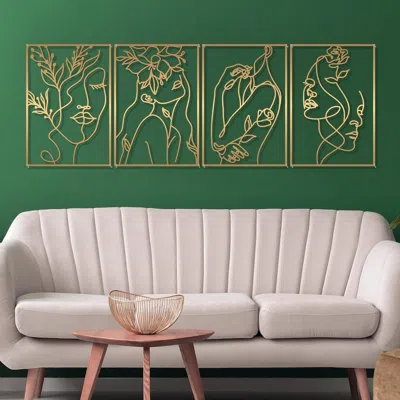 Eruule 4 Pack Gold Wall Art Decor, Female Flower Face Lover Minimalist Décor Single Line Art Wall Décor, Re