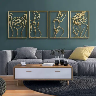 Eruule 4 Pack Gold Wall Art Decor, Minimalist Single Line Real Metal Wall Art, Woman's Body Shape Abstract 