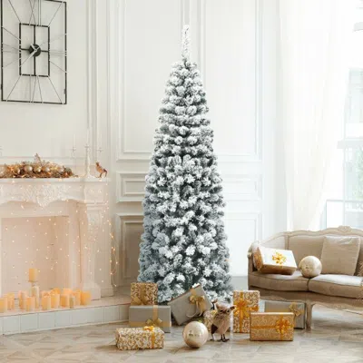Eruule 6 Feet Unlit Hinged Snow Flocked Artificial Pencil Christmas Tree With 500 Branch Tip