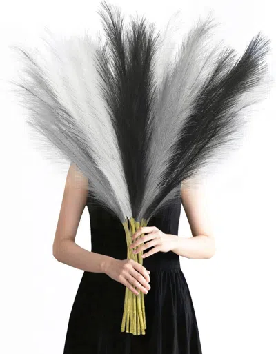 Eruule 8 Pcs Black Faux Pampas Grass Decor 35' Fluffy Tall Artificial Colored Pampas Grass Large Fake Pompo