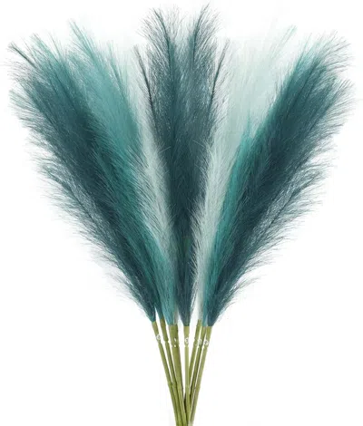 Eruule 8 Pcs Teal Blue Faux Pampas Grass Decor 35' Fluffy Tall Artificial Colored Pampas Grass Blue Fake Po