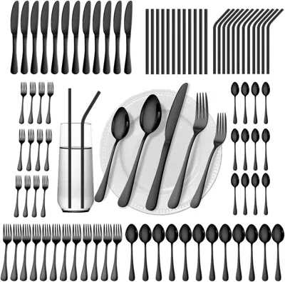 Eruule 84 Pieces Black Silverware Set Service For 12 Flatware Set With Straws Stainless Steel Utensils Cutl