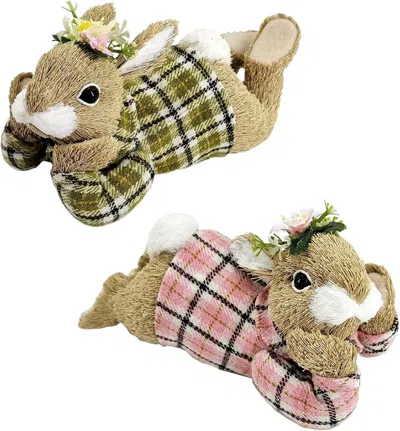 Eruule 8.9 Inches Sisal Bunny Easter Decor, Set Of 2 Rustic Wear Easter Bunny W Flower As Spring Decoration