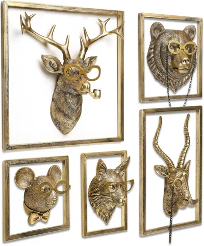 Eruule Animal Heads Wall Decor (5pcs, Includes Metal Frame) Resin Animals Sculptures Head Wall Hanging Deco