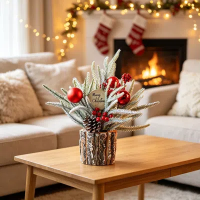 Eruule Artificial Mini Tabletop Christmas Tree, Vintage Fir Decor With Bark Wooden Base, Pre-decorated Berr